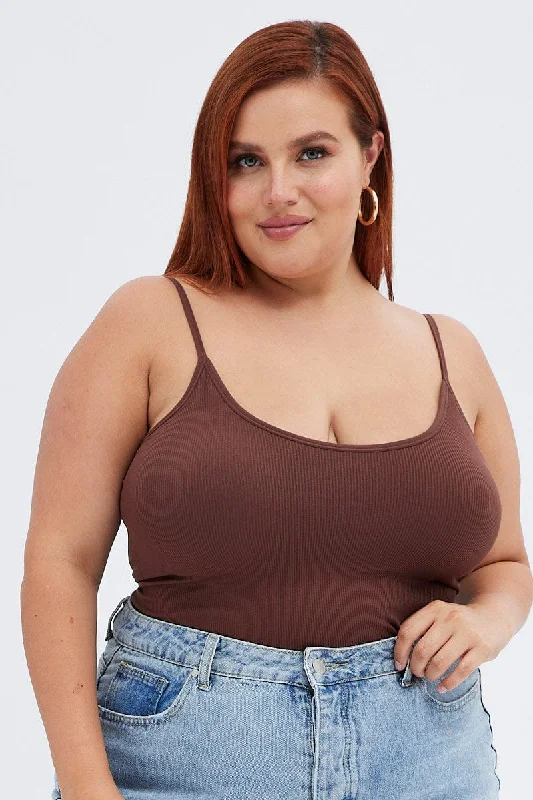 Spring Offer Brown Singlet Top Scoop Neck Seamless