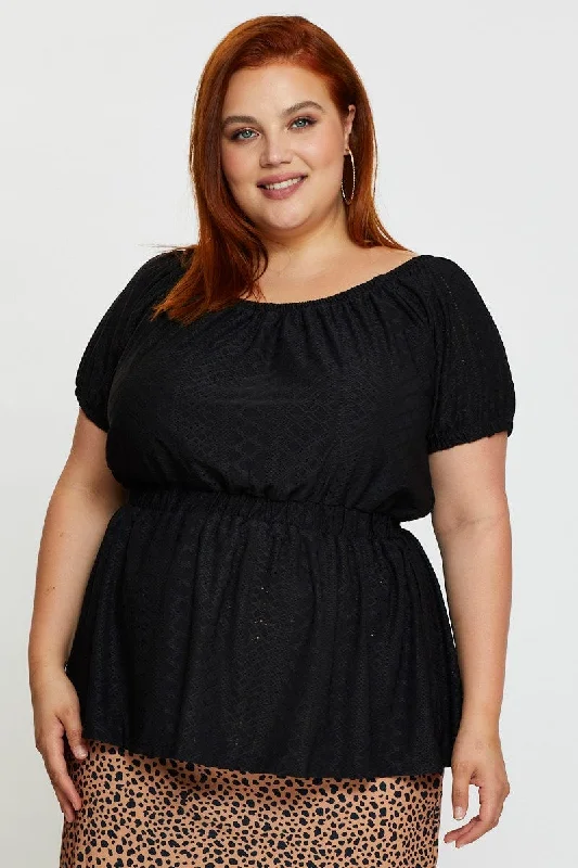 Don't Miss Out Black Eyelet Top Round Neck Puff Sleeve