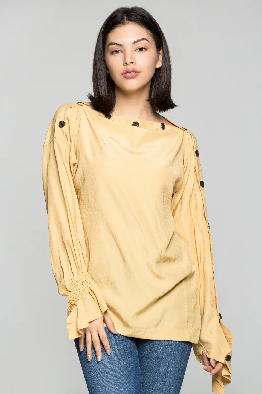 Dive Into Trendy Styles Butterscotch Bataeu Neck Black Buttons Full Sleeves Top