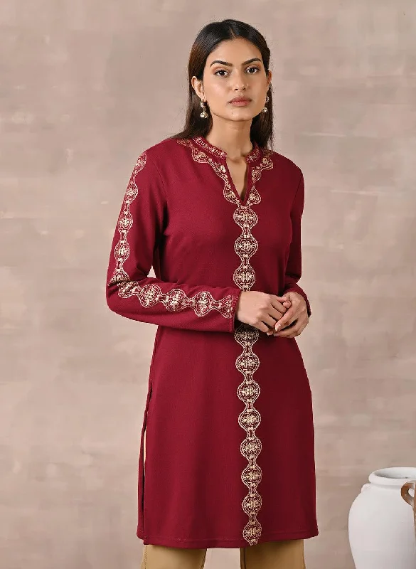 Weekend Exclusive Maroon Solid Woolen Kurti with Foil Print