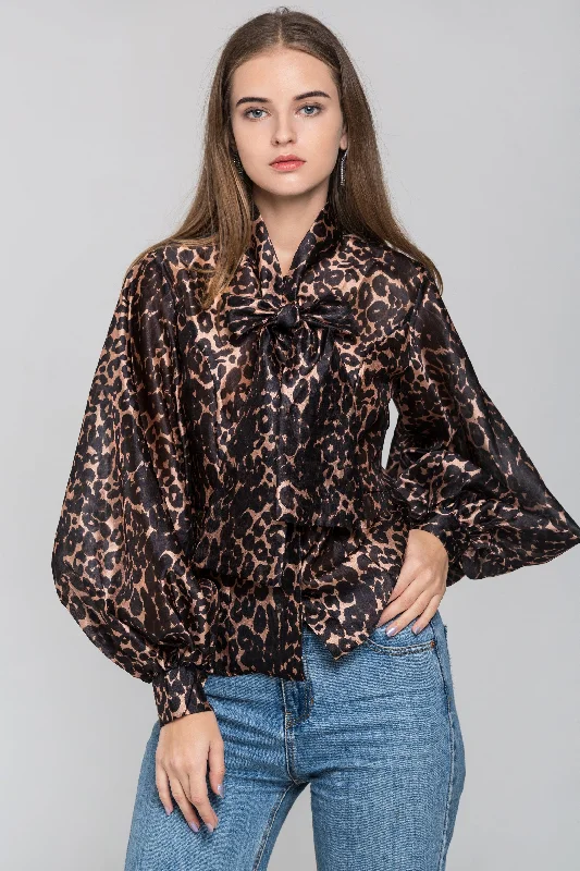Low Price Special Leopard Print Tie Neck Sleeved Top