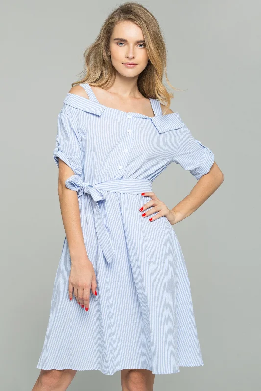 Latest Trends Blue and White Striped Ribbon Strap Cold-Shoulder Collared Shirt Dress
