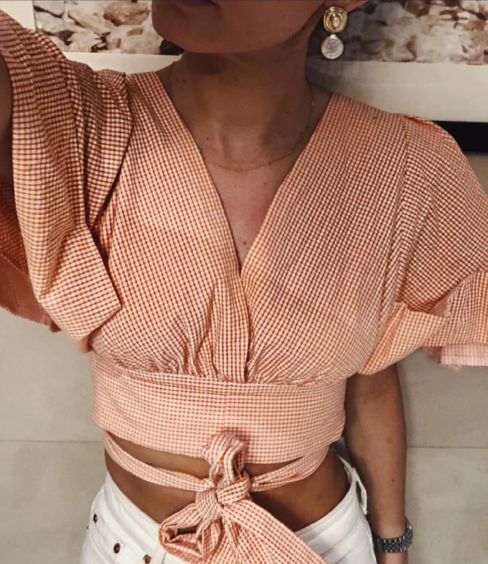 Style Breakthroughs AVIVA Orange Gingham Backless Wrap Top UK XS