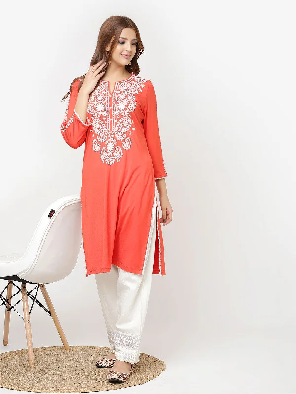 Best-Sellers Orange Straight Kurta for Women with Threadwork