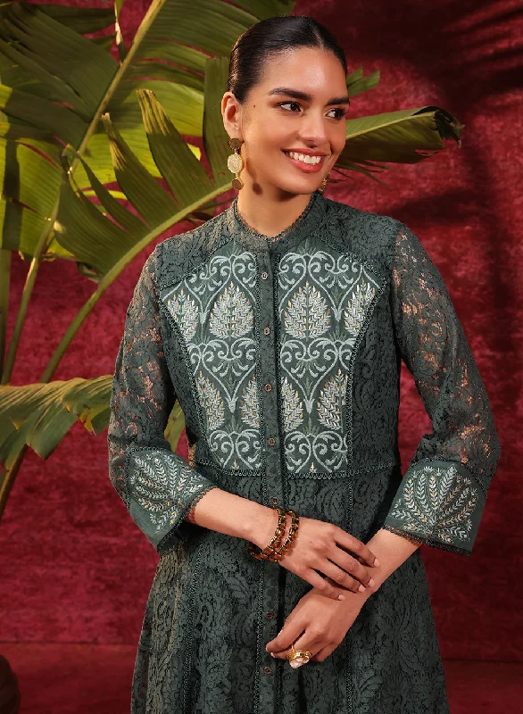 Stylish Savings Sitara Forest Green Embroidered Raschel Net Designer Kurta