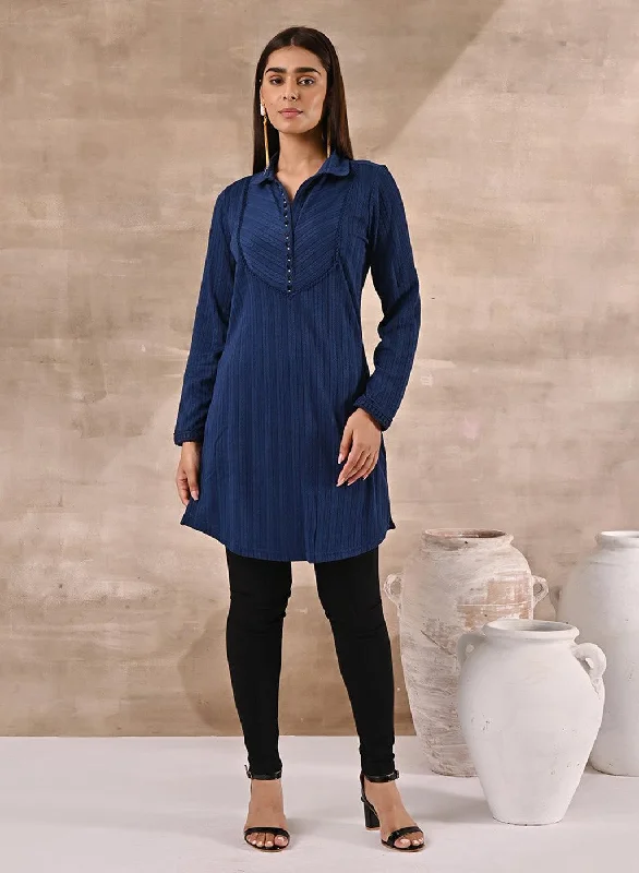 End-Of-Season Clearance Blue Textured Full Sleeve Kurti