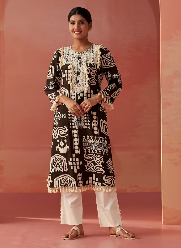 Unbeatable Deals Ravleen Chocolate Brown Printed Long Rayon Kurta