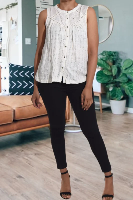 Chic And Edgy Off White Embroidered Button Front Top