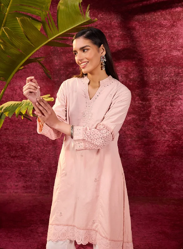 Trendy Street Style Inaya Salmon Pink Embroidered Cotton Linen Slub Kurta for Women