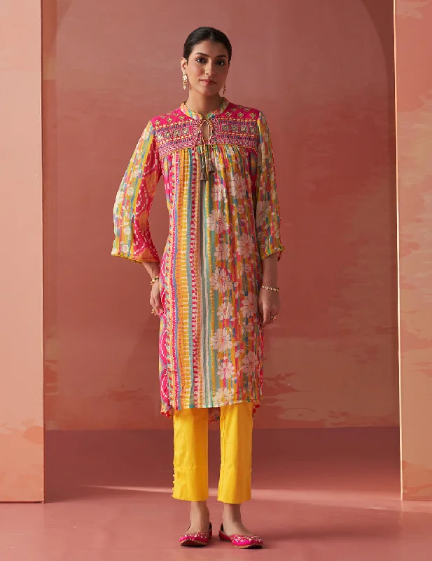 Limited Time Offer Anayna Fuchsia Pink Printed Chiffon Embroidered A-Line Kurta