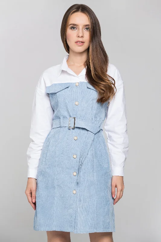 Vintage Style Deals Slate Blue Chord and White Panel Belted Midi Shirt Dress