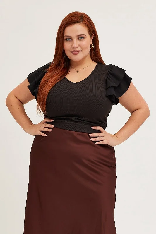 Luxe Style Discounts Black Cotton Top Crew Neck Layered Flutter Sleeve