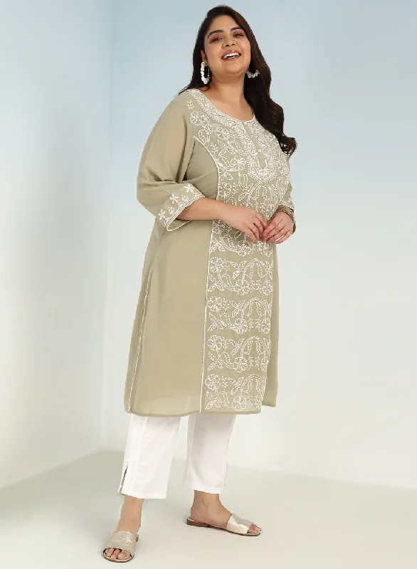 Fashionable Comfort Promotions Solid Green Round Neck kurti with Sequins Work