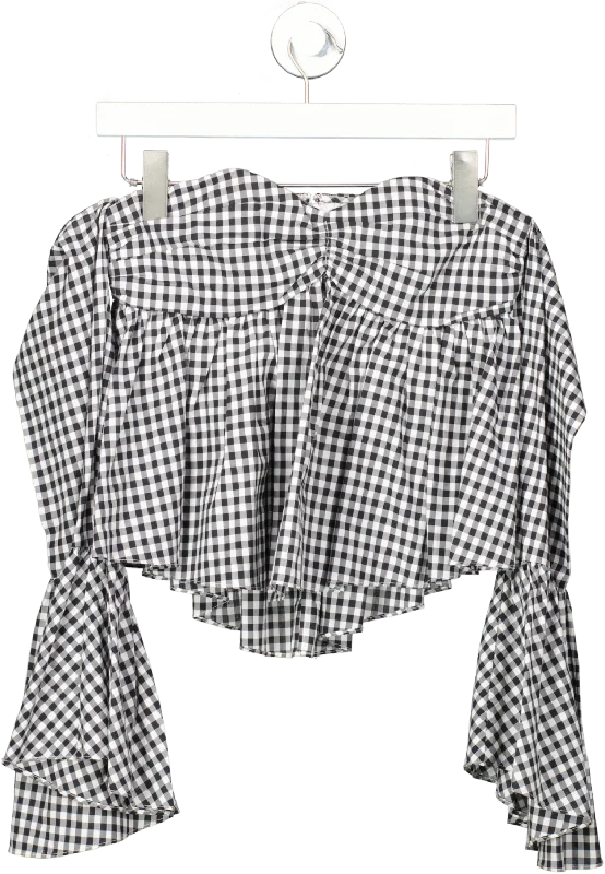 Ends Soon Caroline Constas Black Max Off-the-shoulder Gingham Bell Sleeve Top UK XS