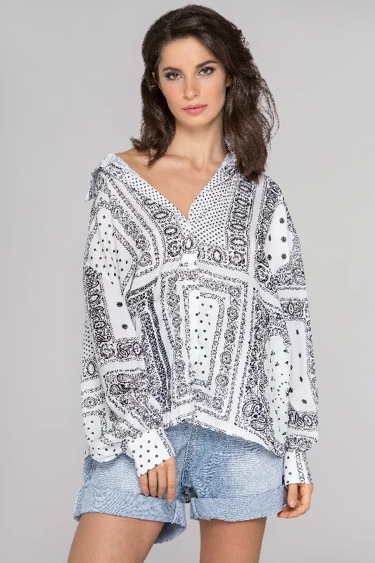 Fashion-Forward White Silk Button Up Bandana Top