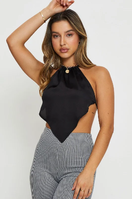 Stylish Looks Black Scarf Top Halter Satin