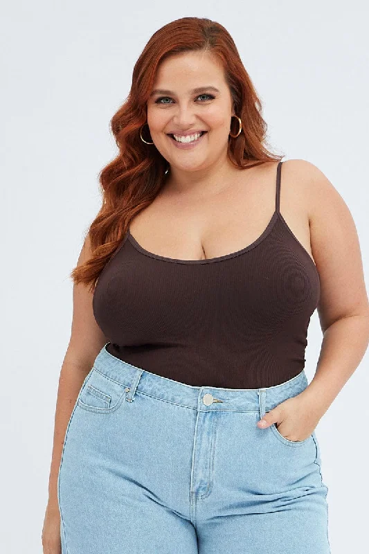 Premium Style Brown Singlet Top Scoop Neck Seamless