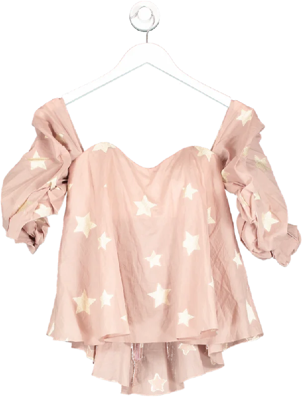 Fresh Styles, Fresh Deals Caroline Constas Pink Off The Shoulder Gathered Sleeve Top With Metallic Stars UK XS Fresh Styles, Fresh Deals Caroline Constas Pink Off The Shoulder Gathered Sleeve Top With Metallic Stars UK XS