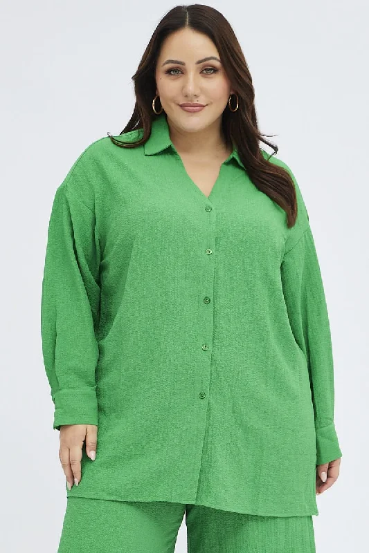 Exclusive Sale Green Textured Shirt Crinkle Button Through Oversized