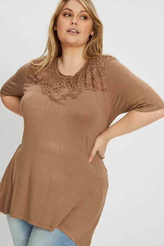 Seize Bargains Brown Plus Mid Length Sleeve Crochet Neck Trim Top