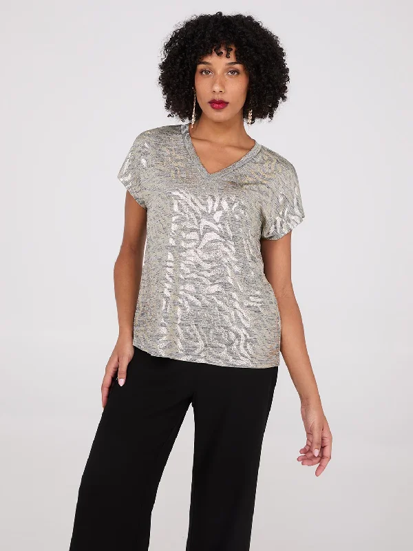 Urban Elegance Deals Foil Animal Print V-Neck Top