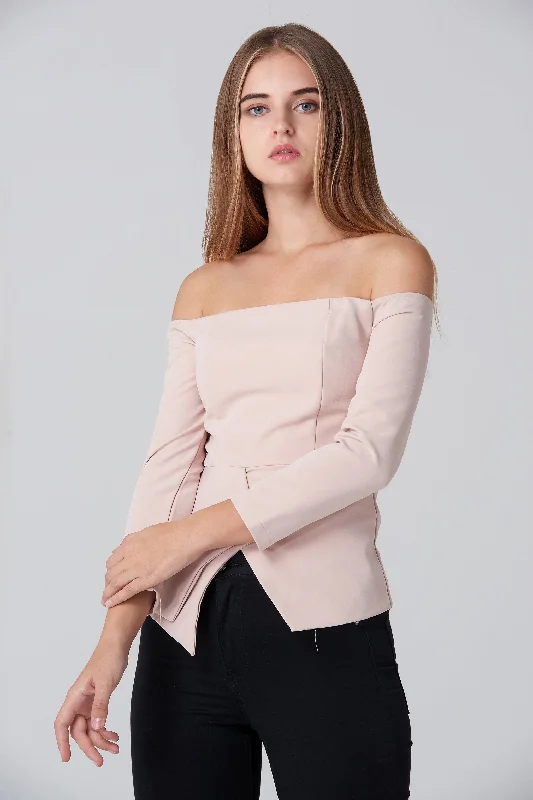 Laid-Back Fashion Offers Nude Off Shoulder Flare Hem Top