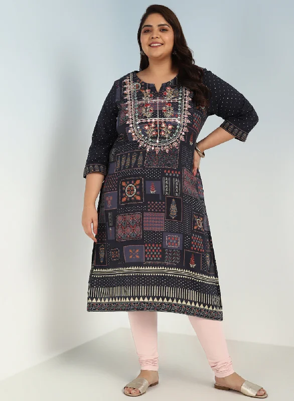 On-Trend Fashion Offers Grey Printed Embroidered Kurta with Embellished Front Yoke