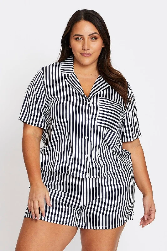 New Arrivals Stripe Plus Satin Button Top And Shorts Pyjama Set