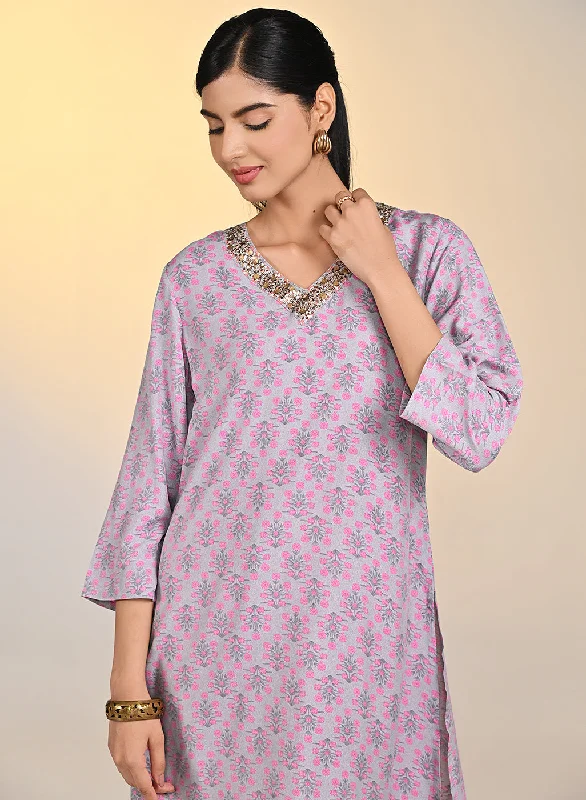 High-End Style Discounts Nadia Light Purple Printed V-Neck Kurta For Women