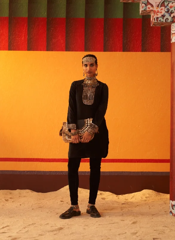 Clearance Event Black Woollen Kurta for Women with Leather Collar and Sequin Work