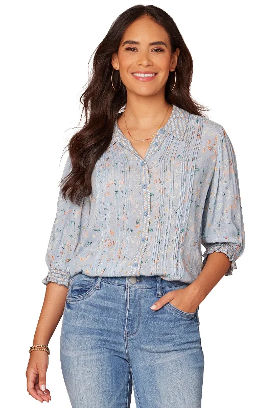 Vibrant Style Promotions Elbow Sleeve Pintuck Picot Button Front Placement Print Woven Shirt Vibrant Style Promotions Elbow Sleeve Pintuck Picot Button Front Placement Print Woven Shirt
