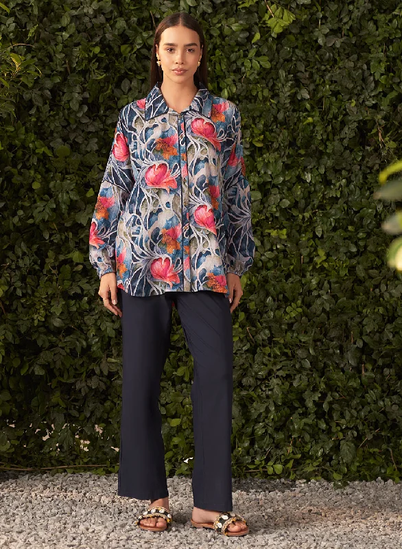 Catch Every Fashion Trend Raya Navy Printed Muslin Straight Shirt for Women