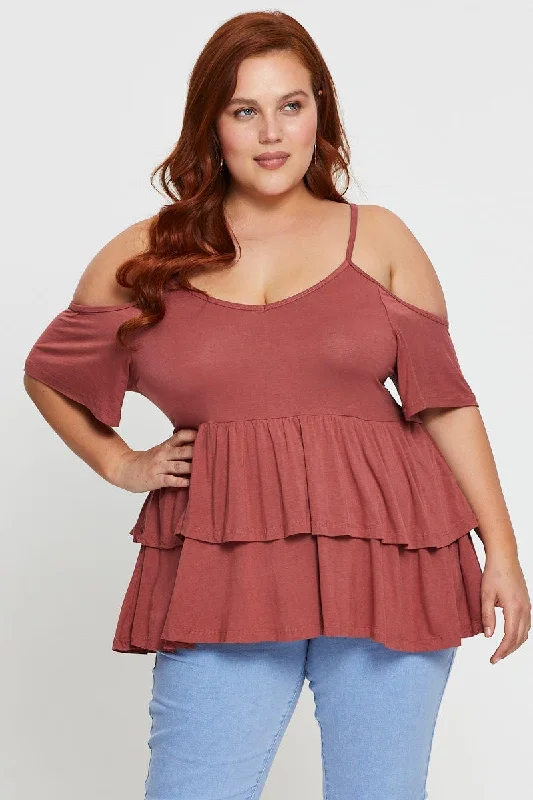 Affordable Trendy Fashion Brown Tiered Top Cold Shoulder Scoop Neck Jersey Peplum