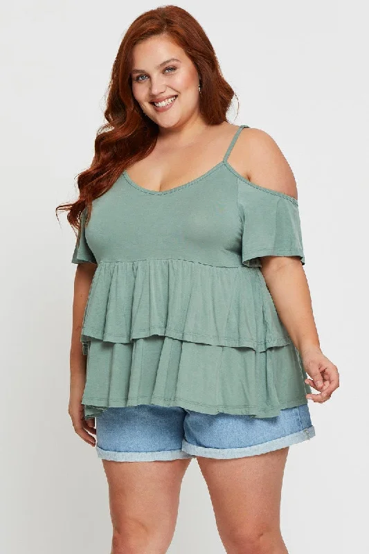 On-Trend Fashion Offers Green Pistachio Tiered Top Cold Shoulder Scoop Neck Jersey Peplum