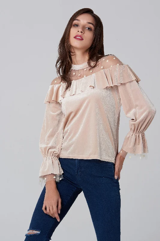 Comfortable Chic Champagne Velvet Sheer Polka dot Yoke Bardot Top