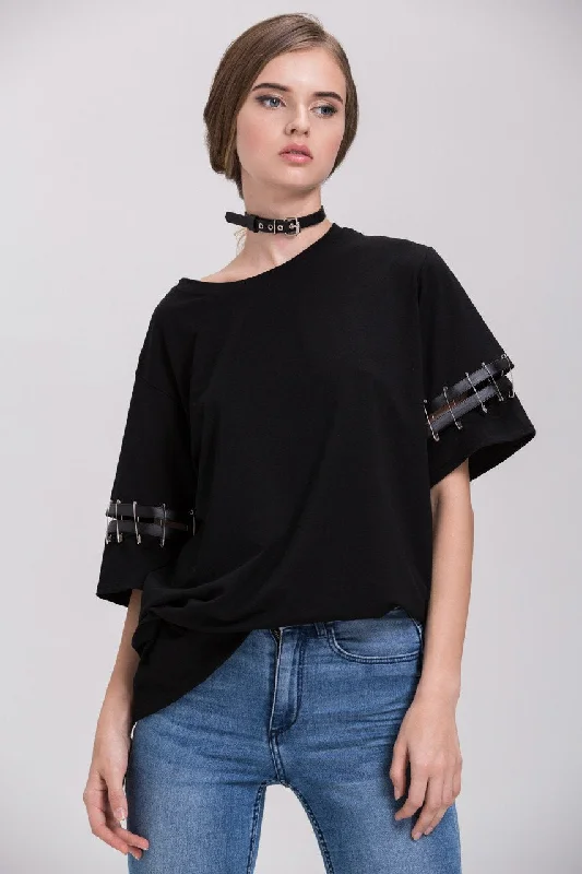 Stylish Deals Black Oversized Pin Shoulder Detail Top