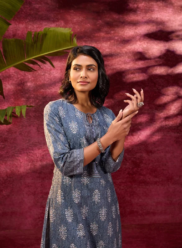 Chic Style, Always In Vogue Afreen Gravel Blue Embroidered Cotton Designer Kurta