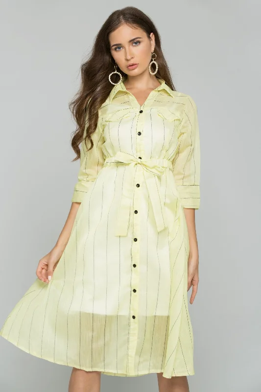 Chic Trends Unveiled Yellow Cotton Striped Button-Down Belt Strap Shirt Dress