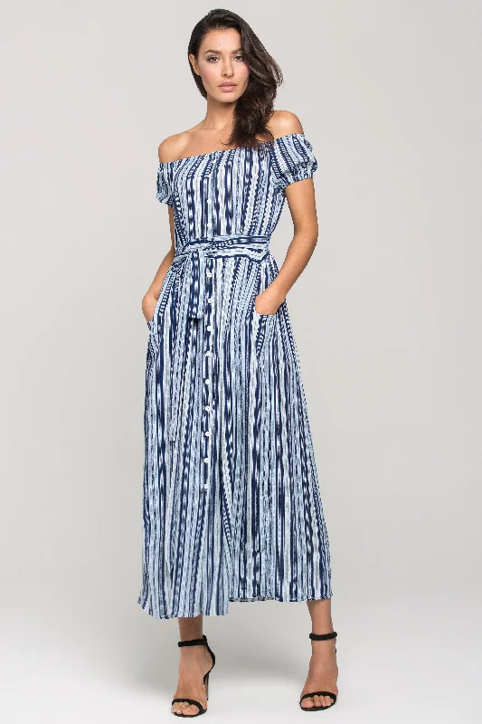 Fashionista Favorites Blue Boho off the shoulder Shirt Midi Dress