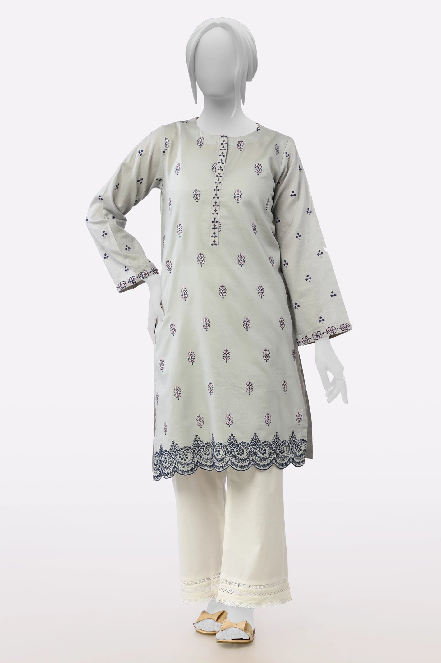 Get The Latest Trends Light Grey Embroidered Kurti
