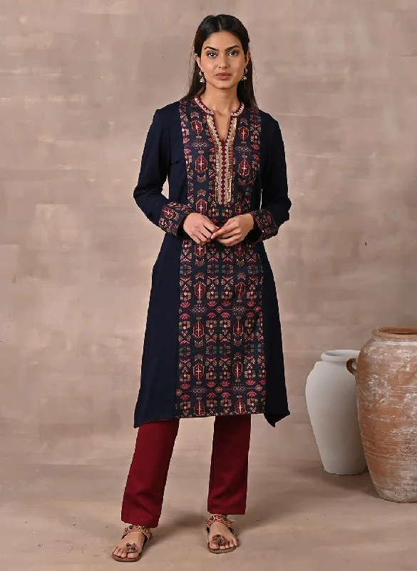 Effortless Style, Endless Impact Midnight Blue Solid Kurta with Tribal Embroidery and Curved Hem