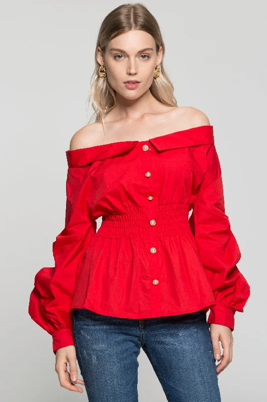 Sporty Fashion Offers Red Off The Shoulder Smocked Waist Button Up Top