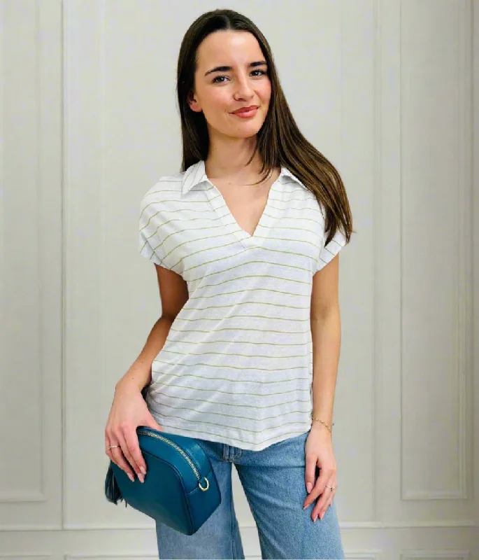 Sustainable Fashion Extravaganza Ivory Linen Blend Striped Relaxed Collar Top