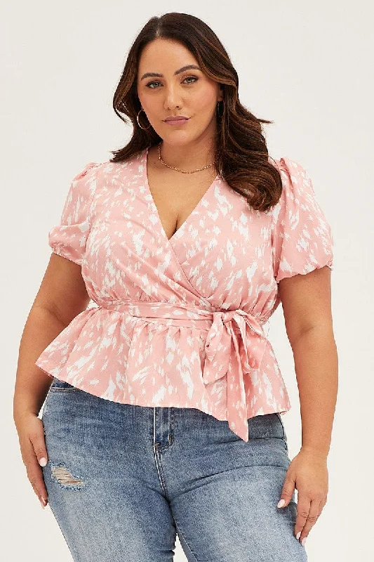 Budget-Friendly Fashion Geo Print Puff Sleevework Peplum Top