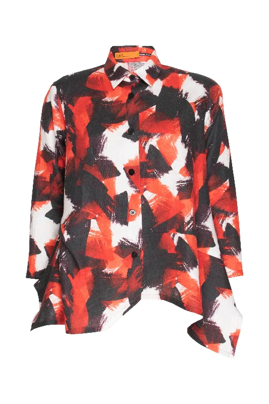 End Of Season Sale Asymmetric Angle Shirt - Red Print Linen 9769