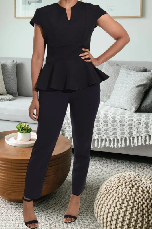 Day-To-Night Styles Black Split Neck Cap Sleeve Top