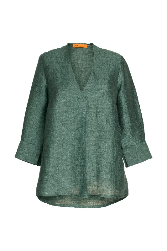 Casual Chic 3/4 Sleeve Front Pleat Top - Teal Linen 9742