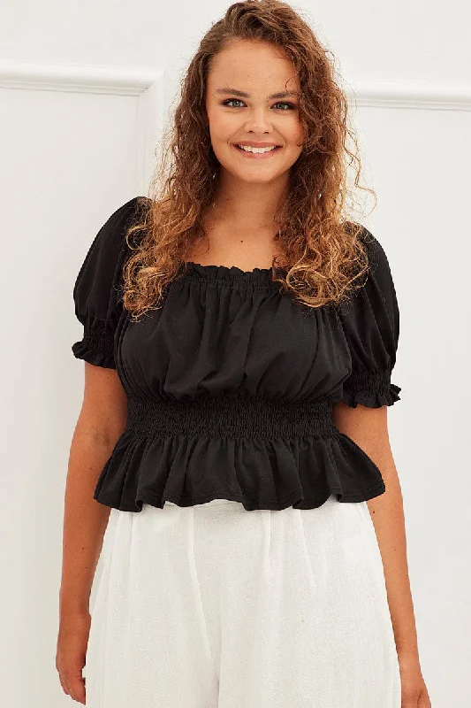 Budget-Friendly Fashion Black Smock Detail Top Square Neck