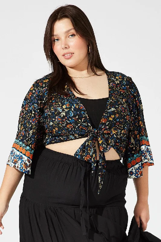 Style Breakthroughs Black Boho Tie Front Bolero Top Flare Sleeve