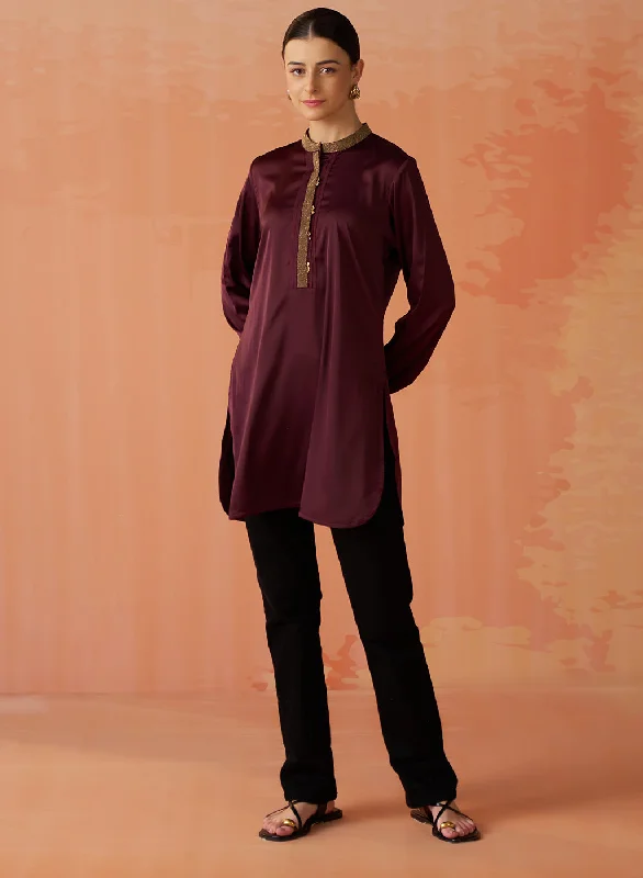Budget Saver Trisha Maroon Embroidered Satin Kurti for Women
